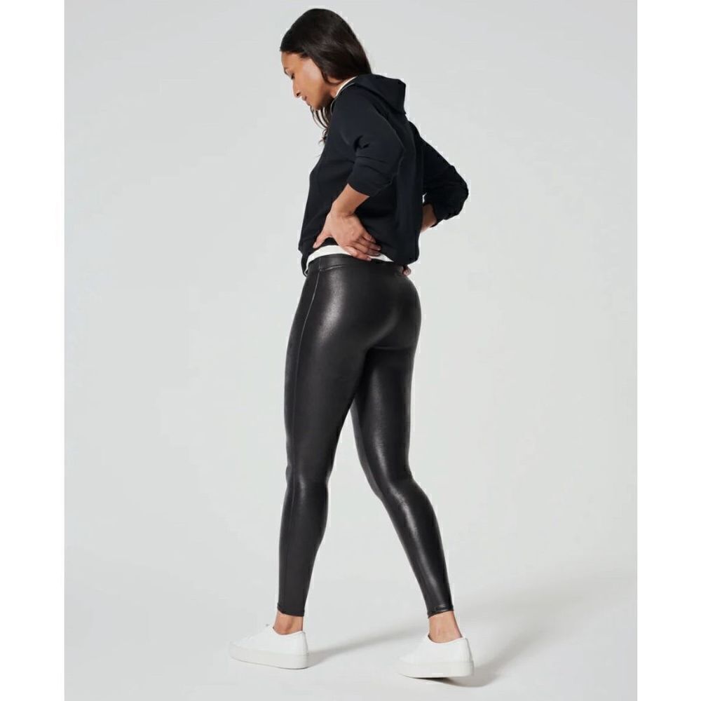 SPANX Black Faux Leather Leggings Women’s Size Medium Black Shapewear Shiny